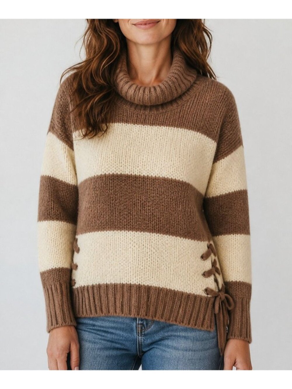 Striped Turtleneck Knit Sweater With Lace-Up Side Details Womens M